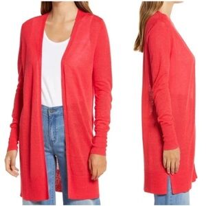 HALOGEN Red Side Slit Long Linen Blend Cardigan